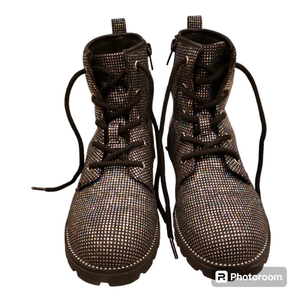 Cynthia Rowley Girls Black & Silver Disco Combat Boots Size 4